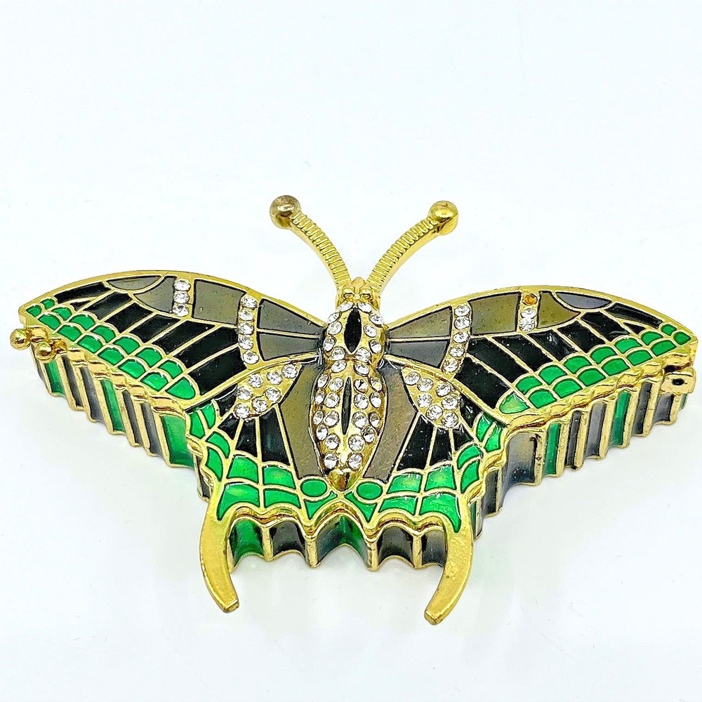 VTG Enamel Butterfly Trinket Box Gold Tone Green Black Rhinestone Jeweled Case